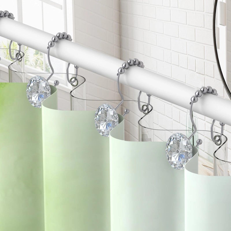 Goowin Shower Curtain Hooks, Crystal Shower Curtain Rings, Stainless Steel Shower Curtain Hangers, Metal Shower Rings for Curtain, Decorative Double Shower Hooks for Shower Curtain & Liner, Chrome - Image 2